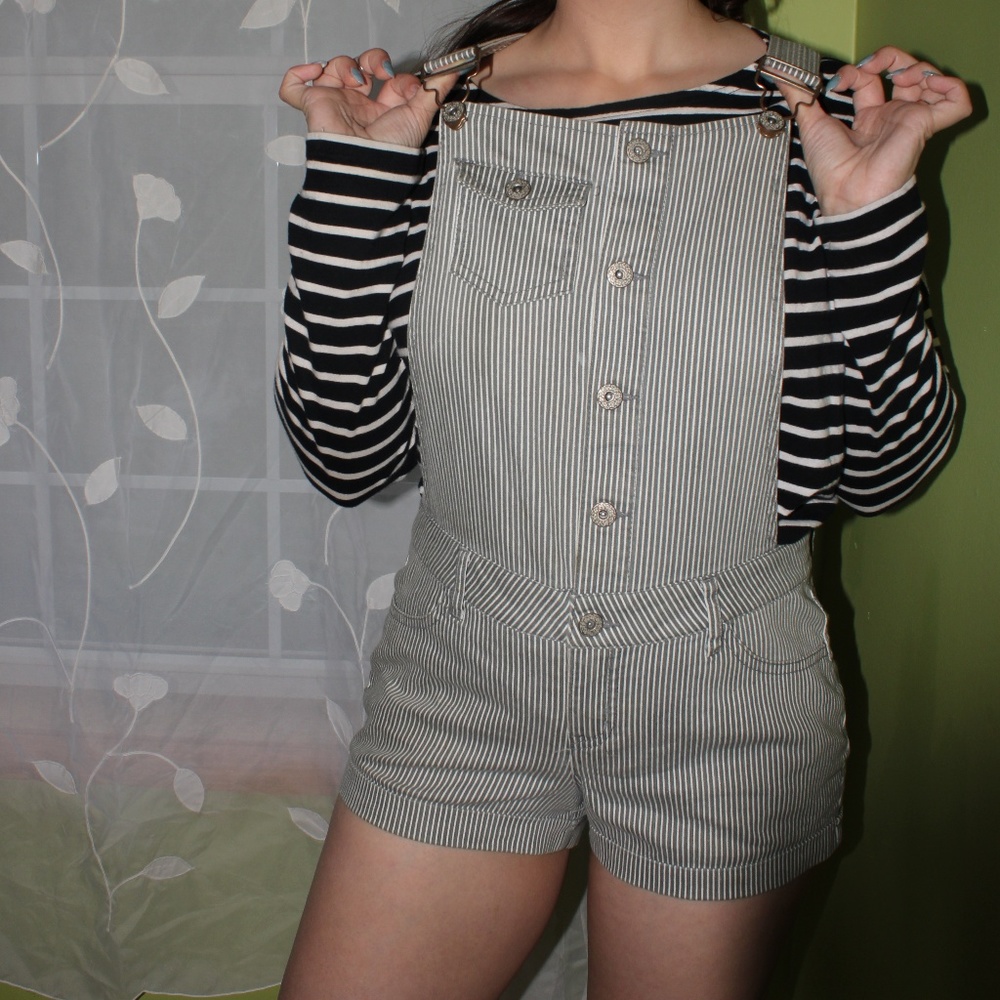 White & Blue/Gray Striped Short Overalls